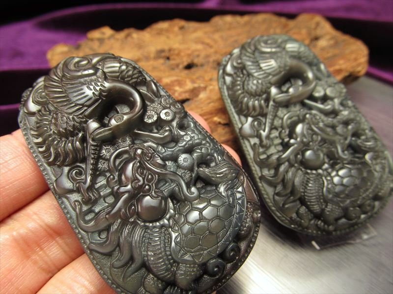 ブラックオブシディアン 龍亀 ロングイ ◇特大サイズ・龍亀【ロングイ】＆鳳凰◇財運・徳と智慧の象徴◇お守り