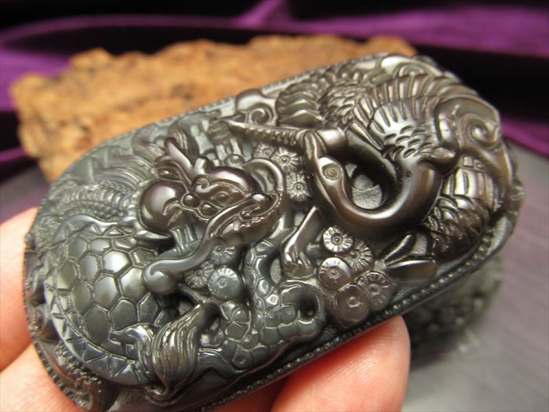 ブラックオブシディアン 龍亀 ロングイ ◇特大サイズ・龍亀【ロングイ】＆鳳凰◇財運・徳と智慧の象徴