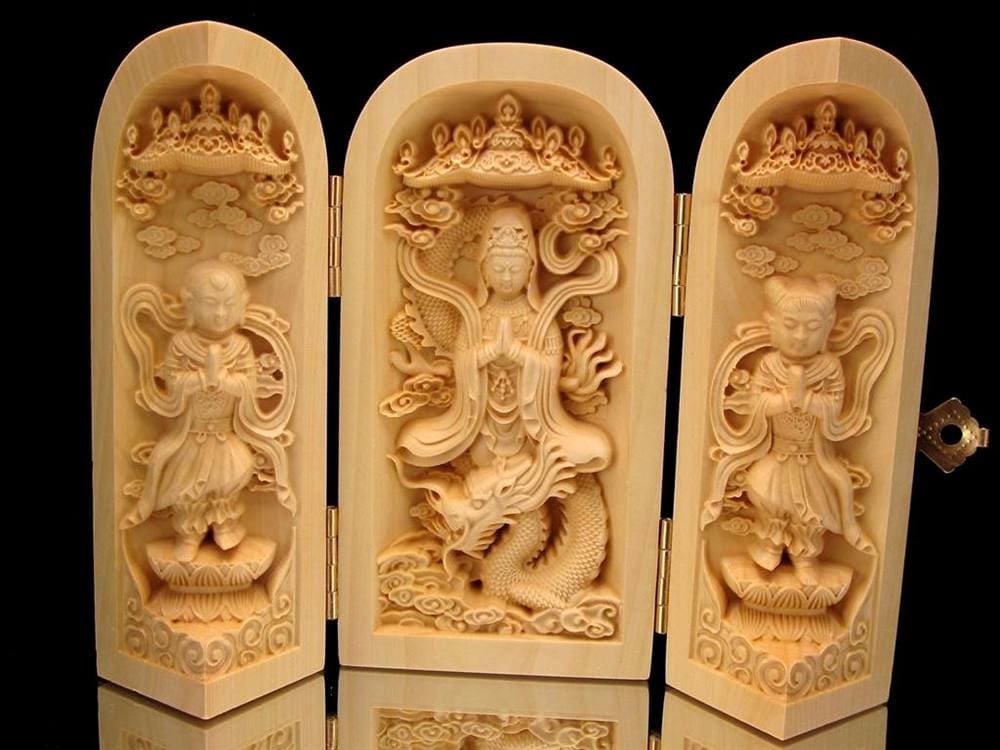 観音 置物 天然木 彫刻 仏教