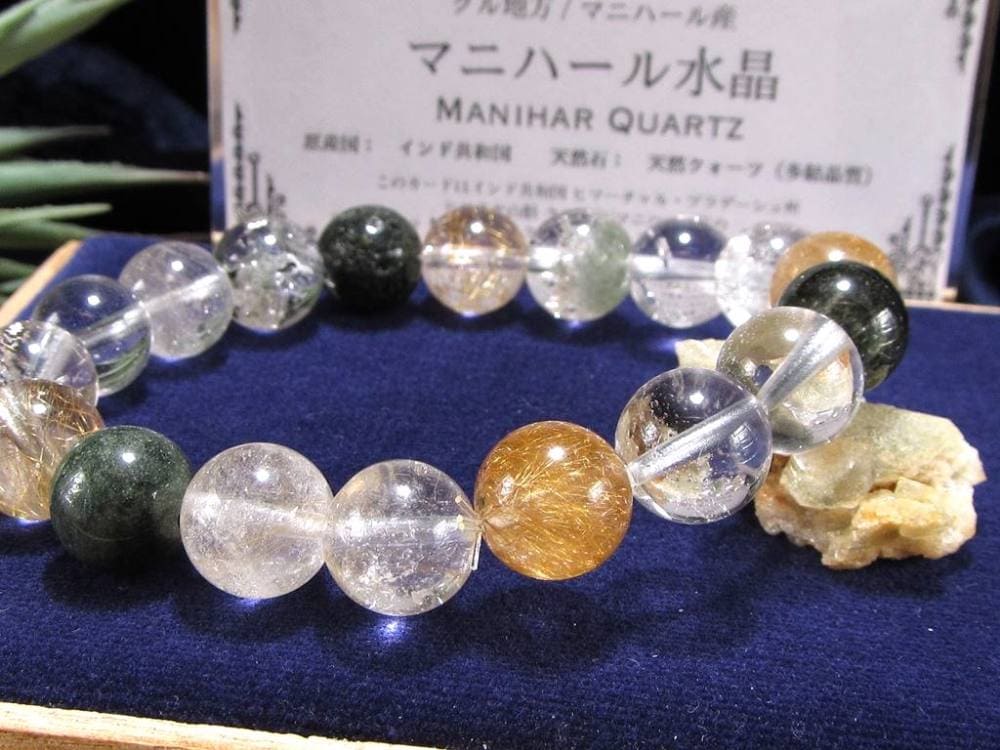 マニハール クォーツ ブレスレット ビーズ石 ヒマラヤ山脈 水晶 ゴールドルチル ガーデン水晶 クローライト