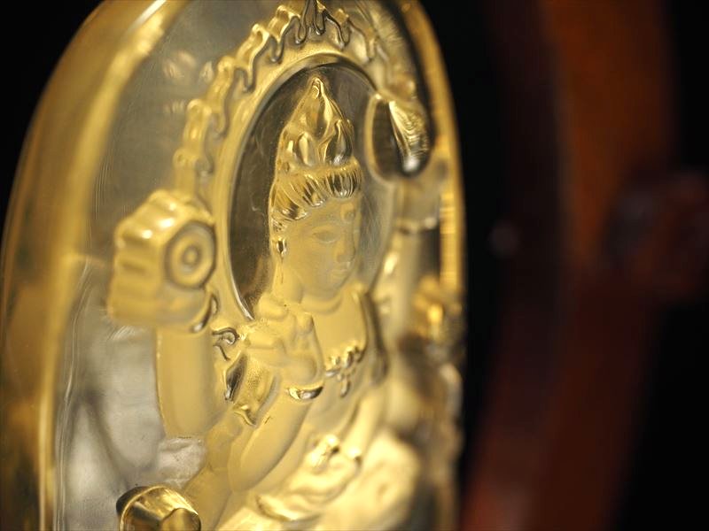 シトリン ダブルポイントの置物 透明・黄色 約15cm 木製台座付 【公式