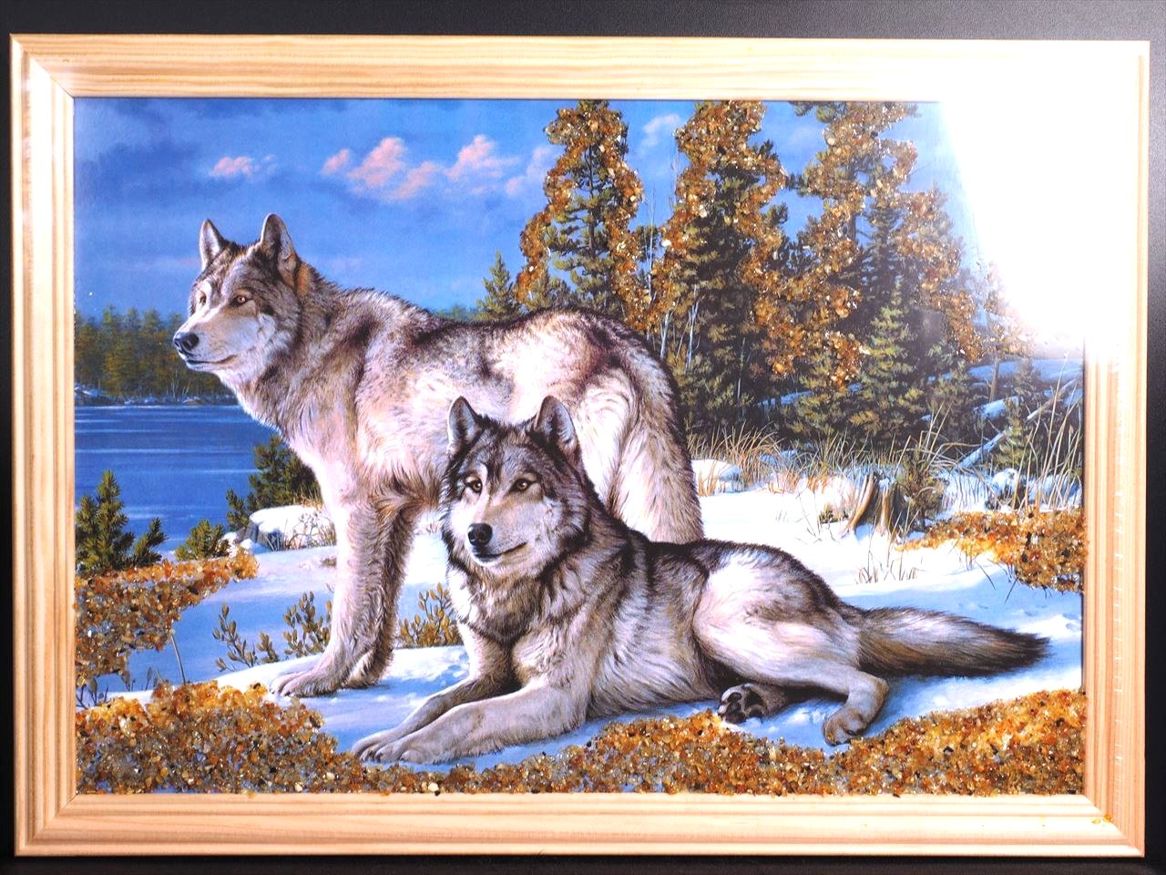 A13a☆特選一品☆ 額縁付き絵画【バルト海産天然アンバー琥珀装飾使用