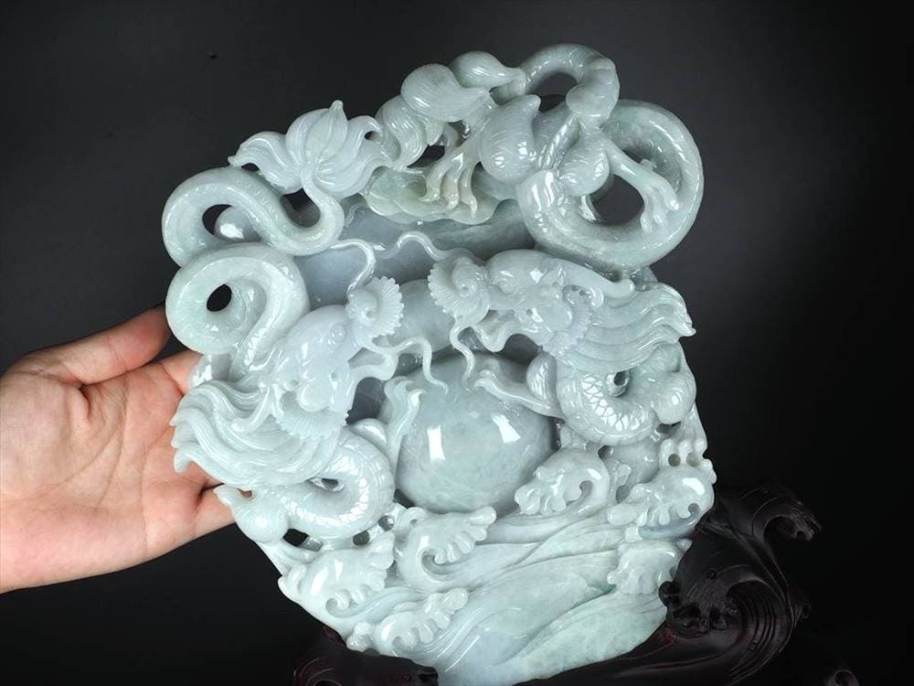 騰龍千禧 巨大 双龍彫り 翡翠 置物