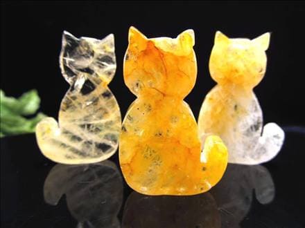 猫型タンブル イエロー ライモナイトインクォーツ 褐鉄鉱入り水晶 ミニキャット 置物 ブラジル産
