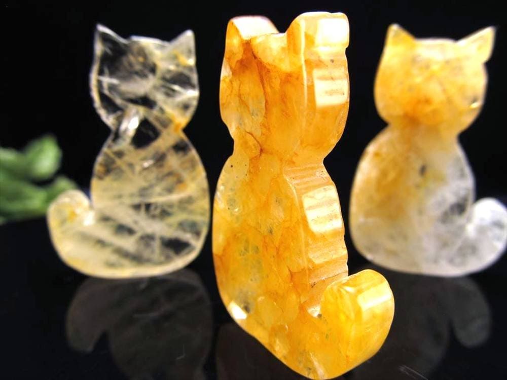 猫型タンブル イエロー ライモナイトインクォーツ 褐鉄鉱入り水晶 ミニキャット 置物 ブラジル産