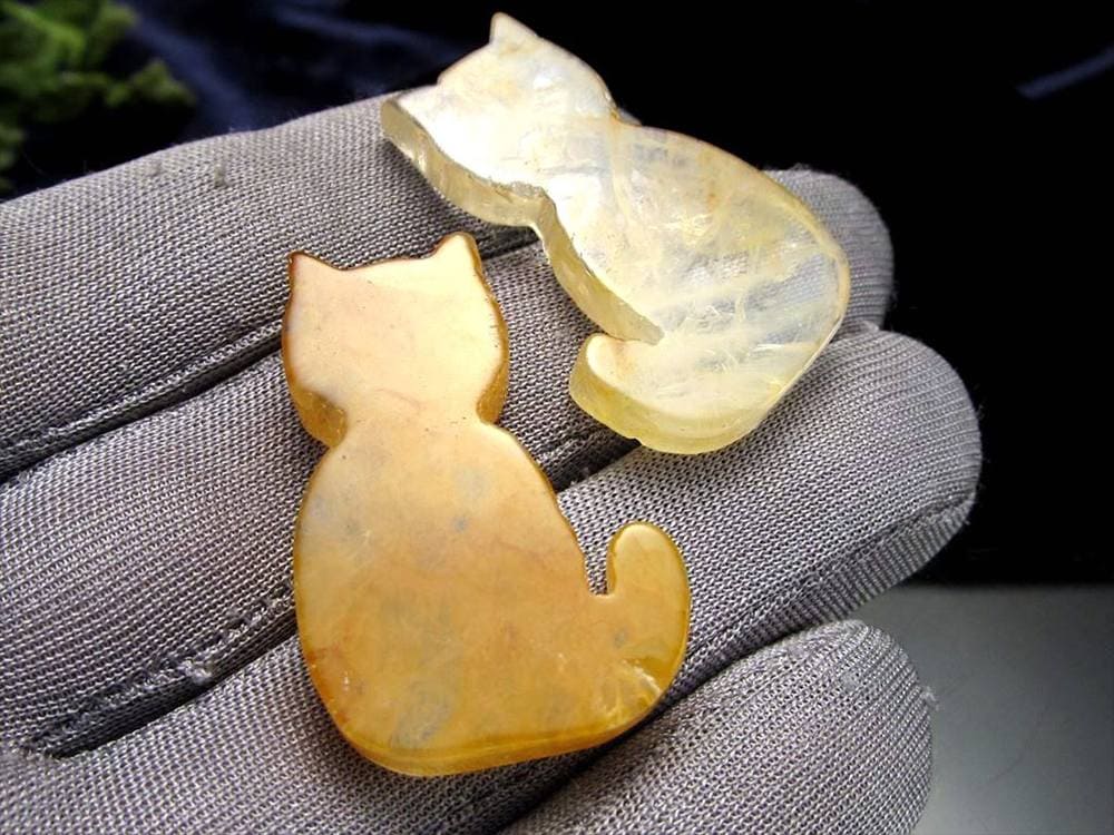 猫型タンブル イエロー ライモナイトインクォーツ 褐鉄鉱入り水晶 ミニキャット 置物 ブラジル産