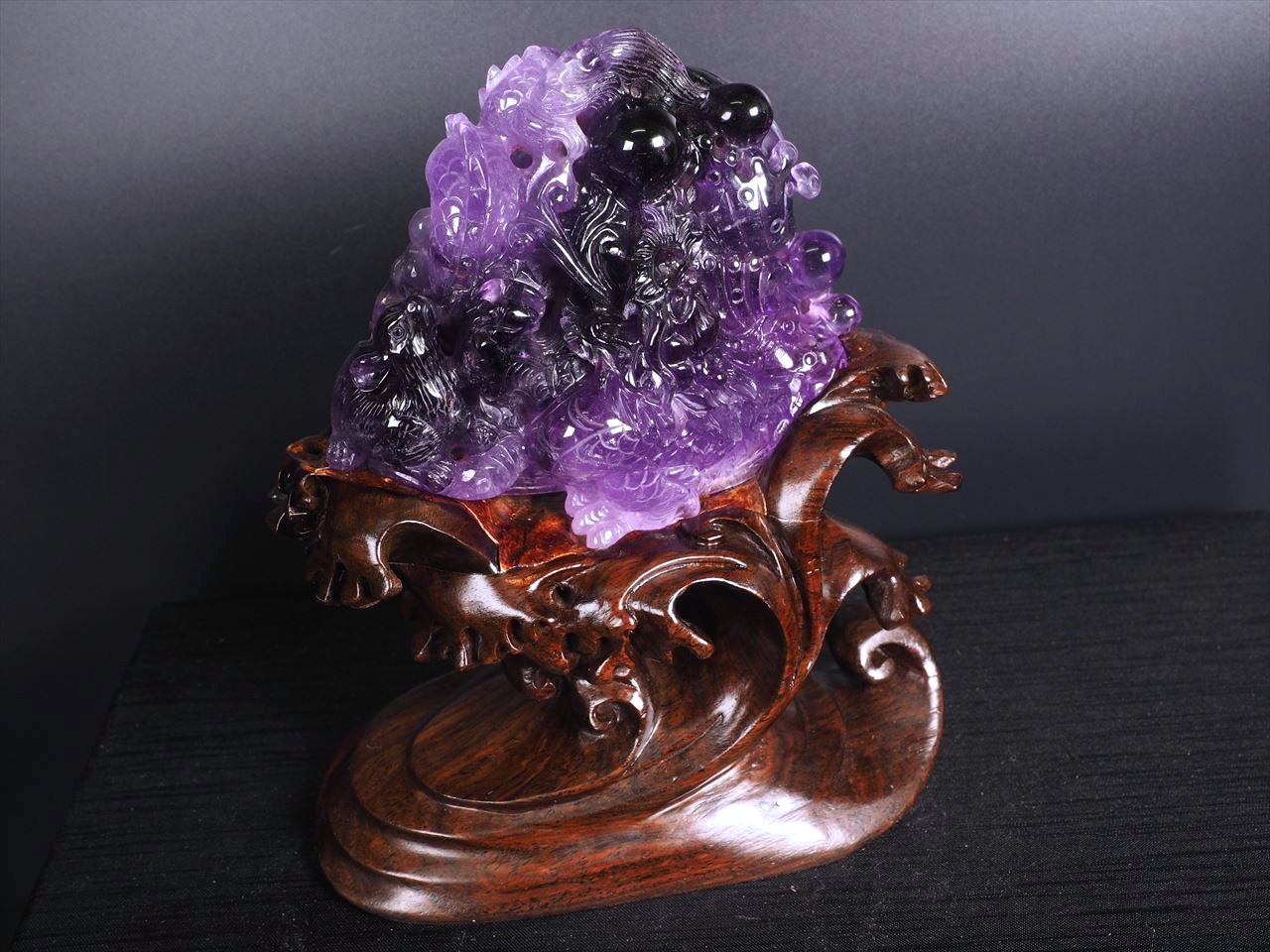 ☆至高の逸品!!☆大吉開運！玉持ち龍神＆ねずみ☆極上1点物☆ドラゴンボール【龍玉】付き☆アメジスト龍＆鼠彫り置物☆専用木製台座付き☆【ブラジル産】