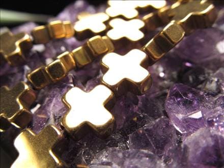 ヘマタイト 赤鉄鉱 ゴールドコーティング 十字架 ビーズ連 連材