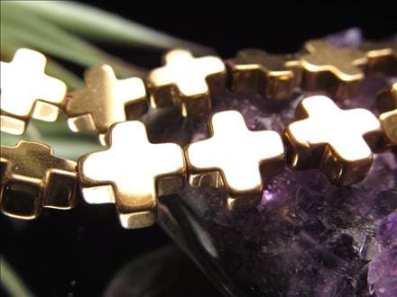 ヘマタイト 赤鉄鉱 ゴールドコーティング 十字架 ビーズ連 連材