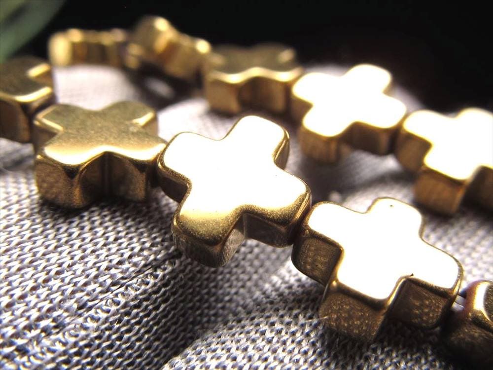 ヘマタイト 赤鉄鉱 ゴールドコーティング 十字架 ビーズ連 連材