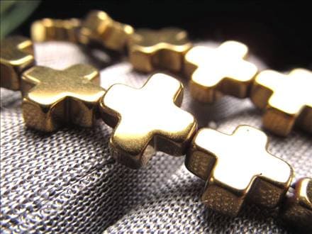 ヘマタイト 赤鉄鉱 ゴールドコーティング 十字架 ビーズ連 連材