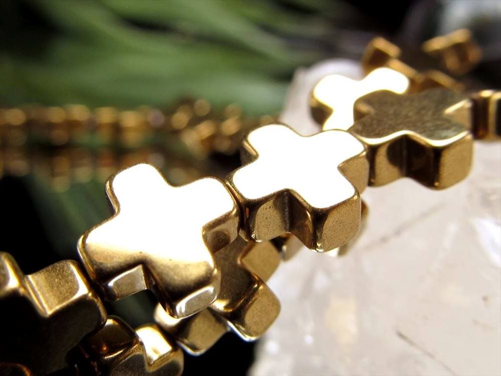 ヘマタイト 赤鉄鉱 ゴールドコーティング 十字架 ビーズ連 連材