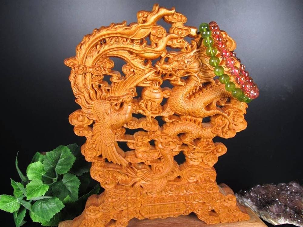 龍神 鳳凰 龍鳳呈祥 如意宝珠 置物 天然木 彫刻