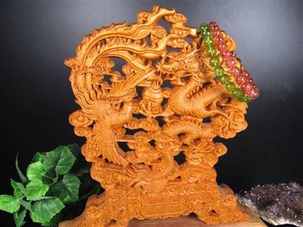 龍神 鳳凰 龍鳳呈祥 如意宝珠 置物 天然木 彫刻