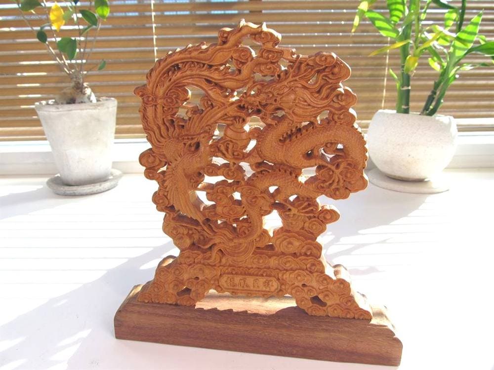 龍神 鳳凰 龍鳳呈祥 如意宝珠 置物 天然木 彫刻