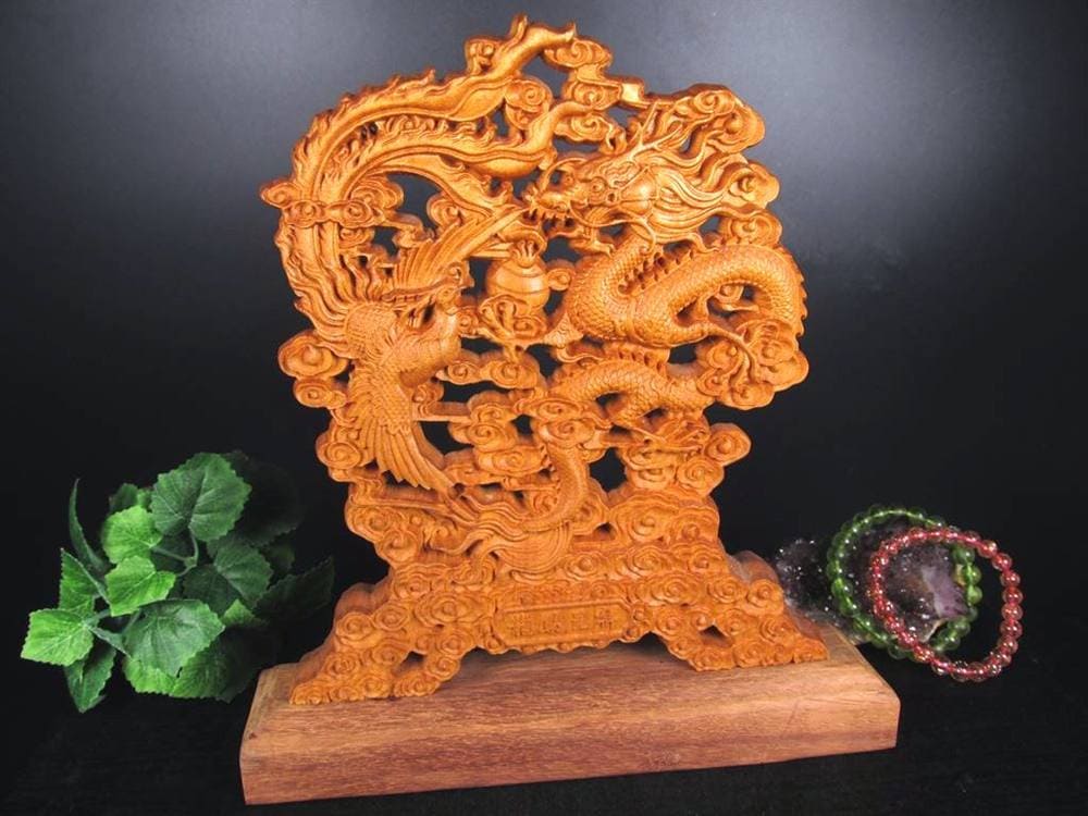 龍神 鳳凰 龍鳳呈祥 如意宝珠 置物 天然木 彫刻