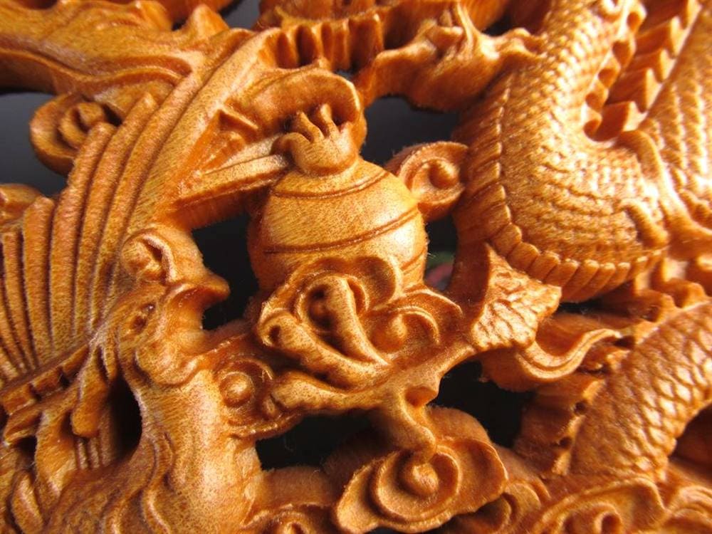 龍神 鳳凰 龍鳳呈祥 如意宝珠 置物 天然木 彫刻