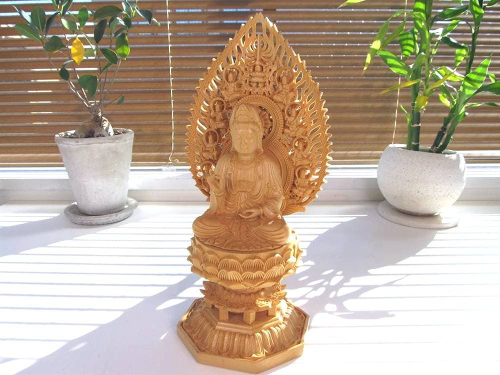 観音 観音菩薩 置物 天然木 彫刻 飛天光背 八角蓮華台座