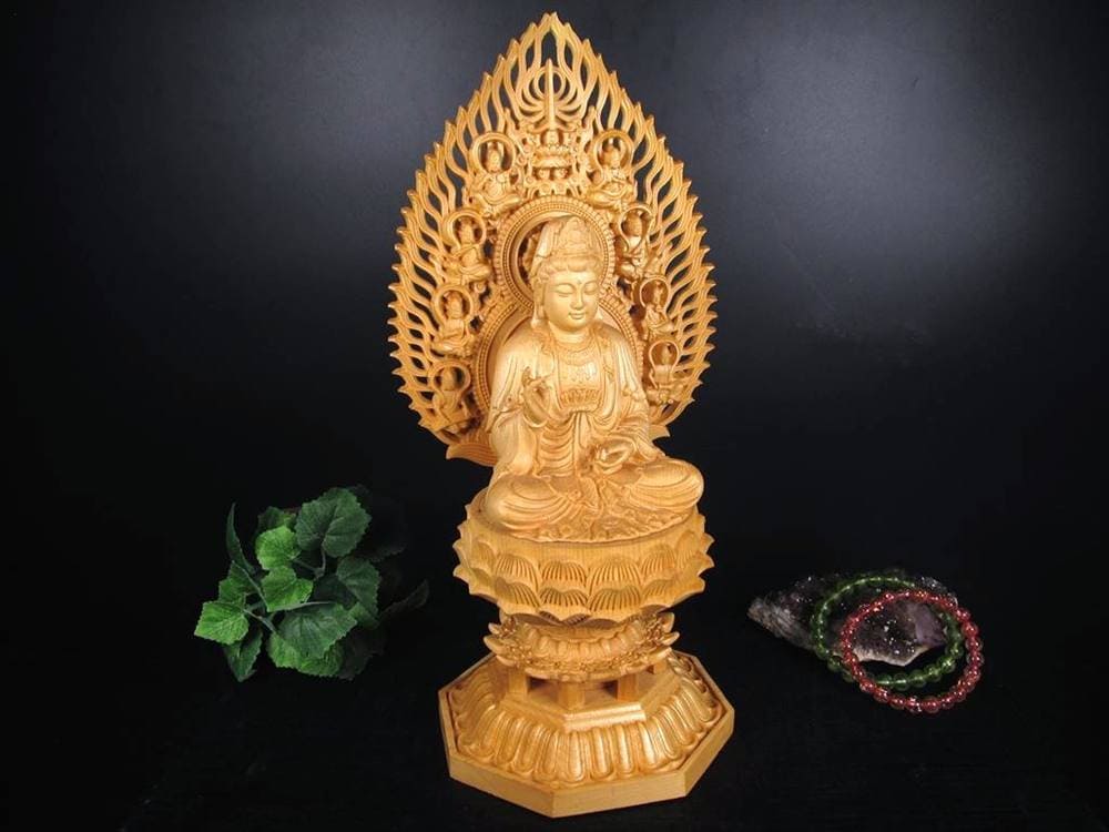 観音 観音菩薩 置物 天然木 彫刻 飛天光背 八角蓮華台座