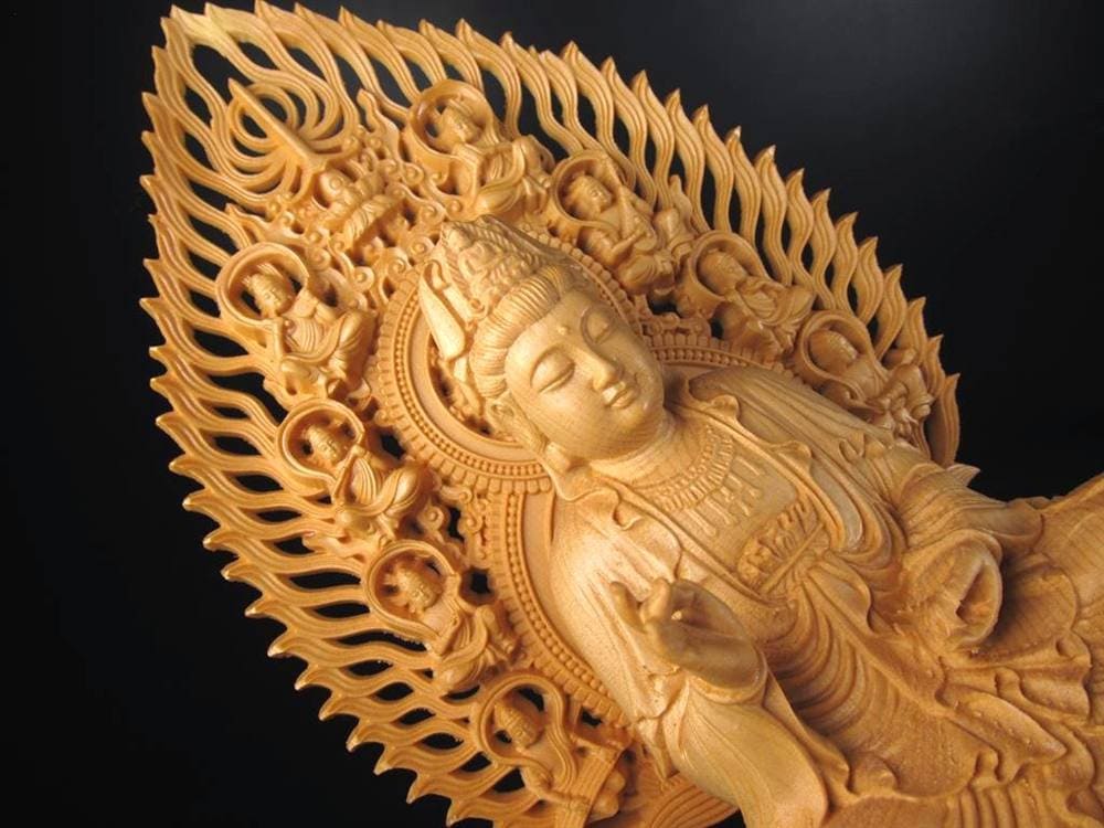 観音 観音菩薩 置物 天然木 彫刻 飛天光背 八角蓮華台座