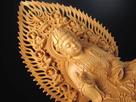 観音 観音菩薩 置物 天然木 彫刻 飛天光背 八角蓮華台座