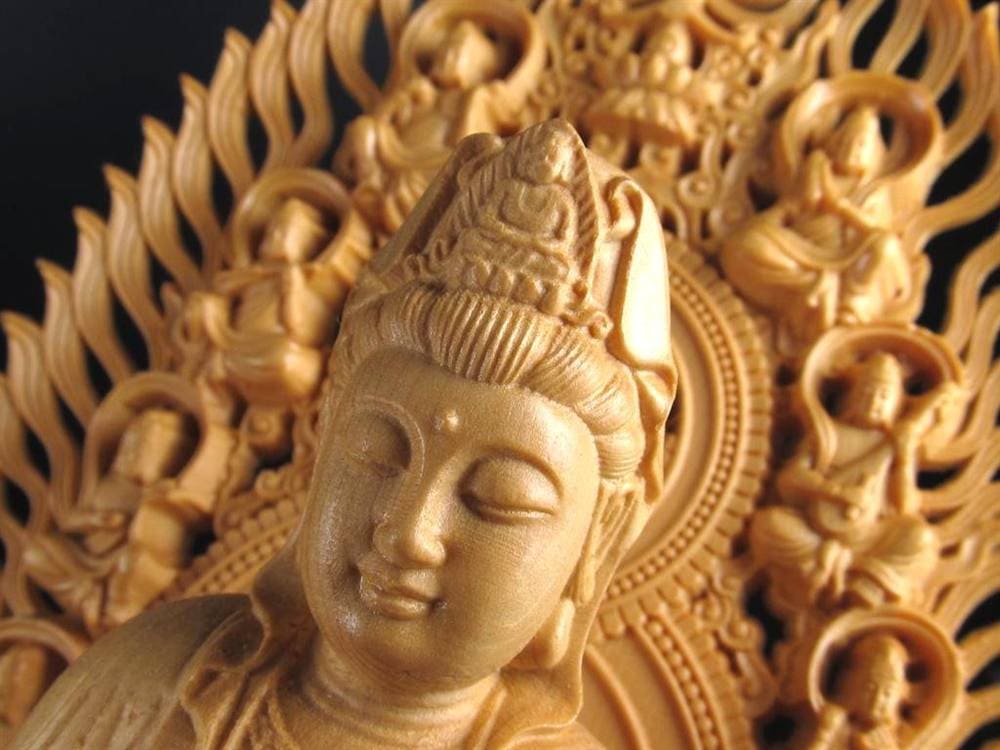 観音 観音菩薩 置物 天然木 彫刻 飛天光背 八角蓮華台座