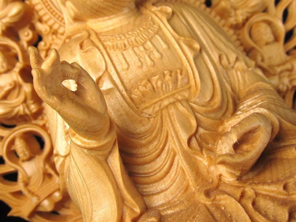 観音 観音菩薩 置物 天然木 彫刻 飛天光背 八角蓮華台座