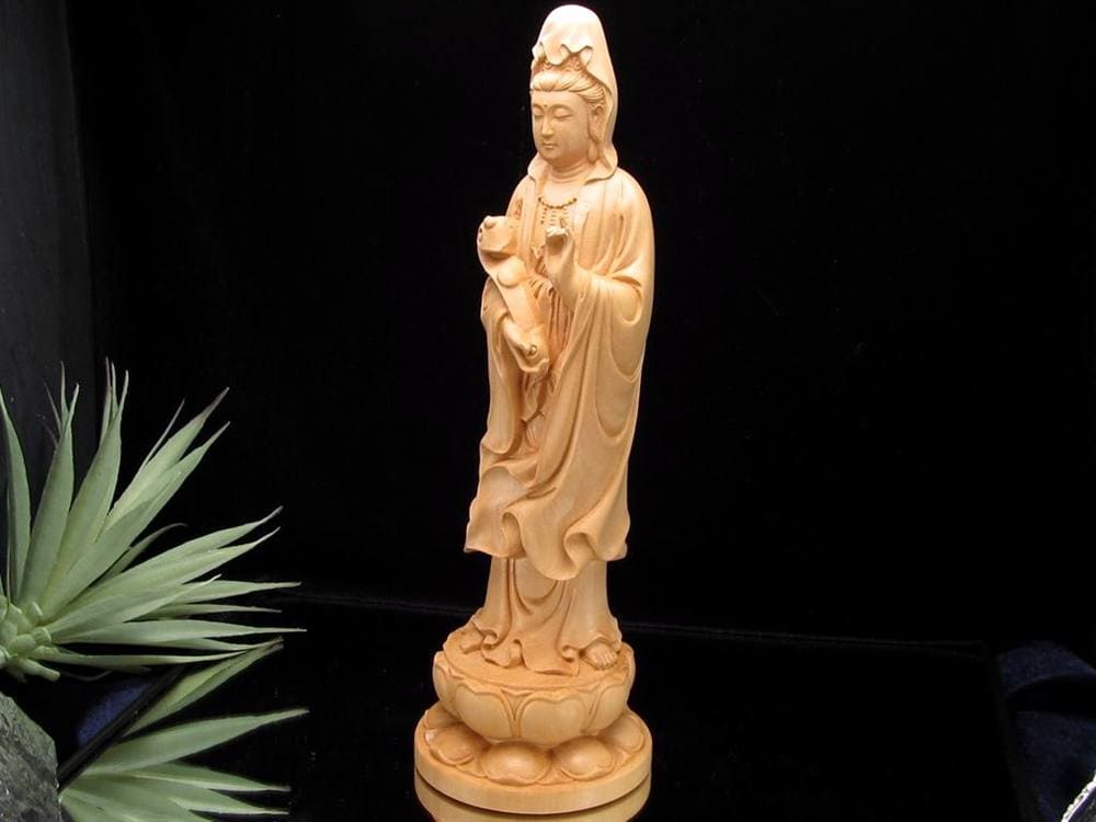 観音 置物 天然木 彫刻 仏教