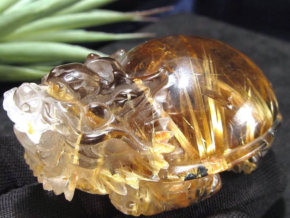 ゴールドルチルクォーツ 龍亀 ロングイ 金針 水晶 彫刻 置物 財運 瑞獣