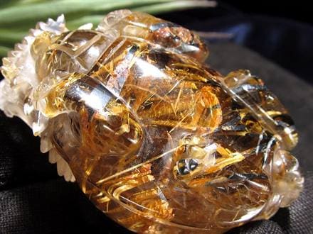 ゴールドルチルクォーツ 龍亀 ロングイ 金針 水晶 彫刻 置物 財運 瑞獣