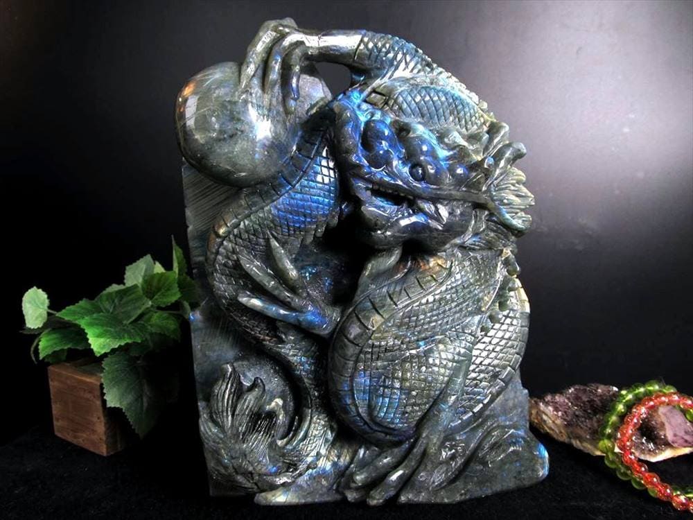 ラブラドライト 彫刻置物 龍 ドラゴン 辰