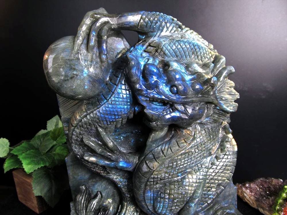 ラブラドライト 彫刻置物 龍 ドラゴン 辰