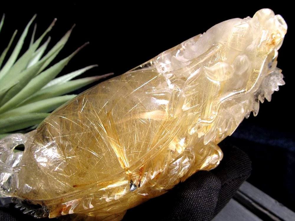 龍亀 ゴールドルチル 彫刻置物 ロングイ 天然石