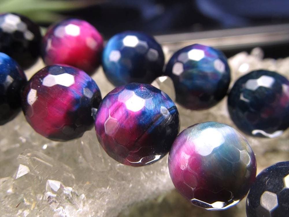 ギャラクシータイガーアイ 虎目石 タイガーアイ 128面カット ビーズ連 連材