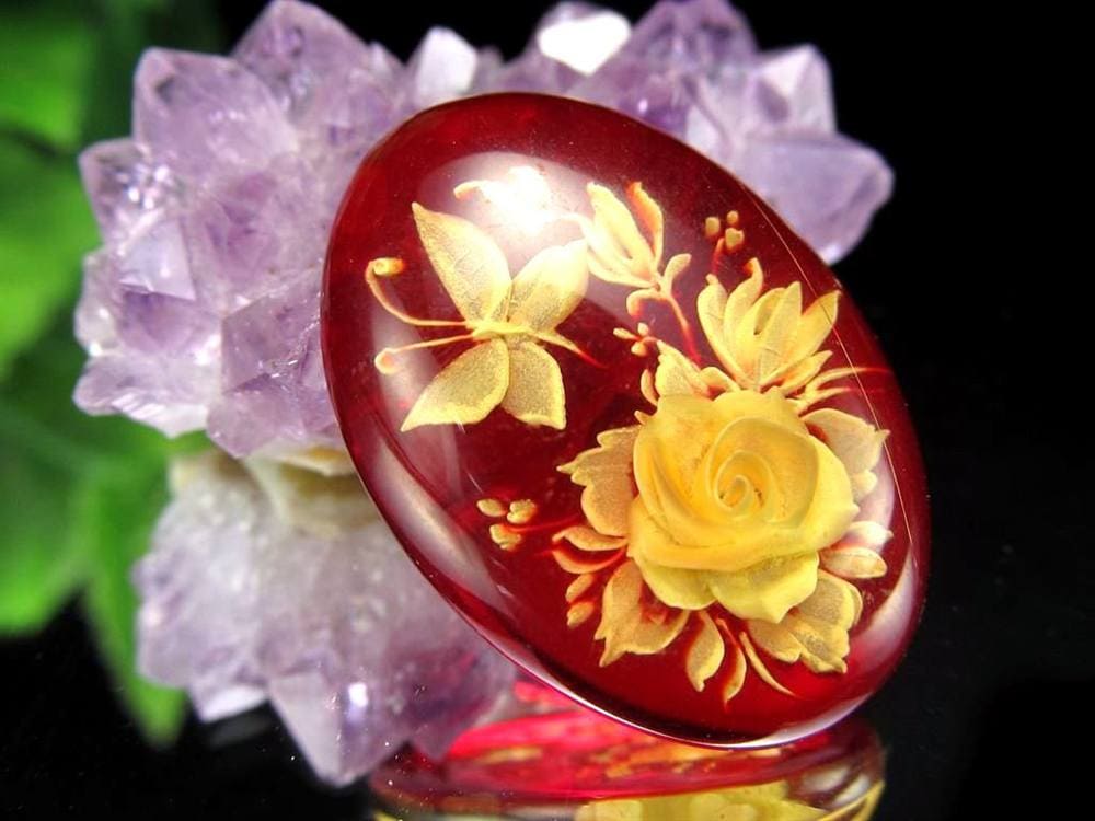 アンバー ルースタンブル カメオ 琥珀 インタリオ