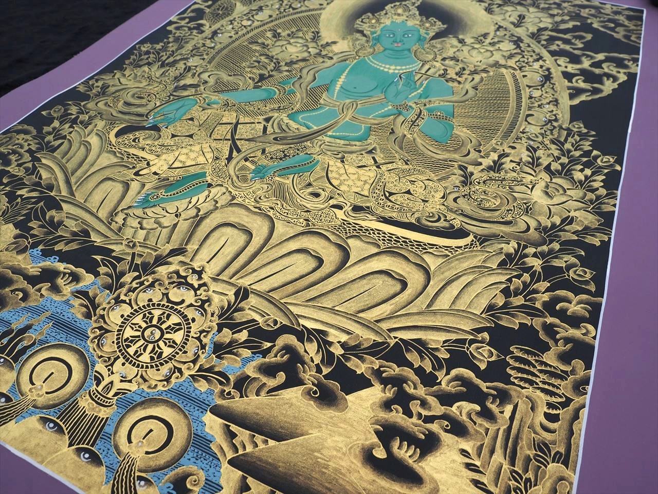 グリーンターラ　観音　西蔵 タンカ　絹本　肉筆　仏画　仏教美術 チベット 原画 仏画 タンカ 緑多羅菩薩（グリーンターラ） 仏像｜大阪の仏画