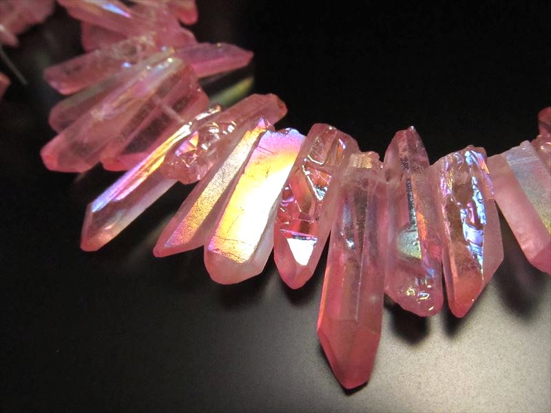 ☆ピンクオーラ蒸着フロストタイプ☆透明感抜群！ナチュラルポイント☆一連☆天然水晶 ナチュラルポイント連 クレオ穴☆縦約10-30mm☆