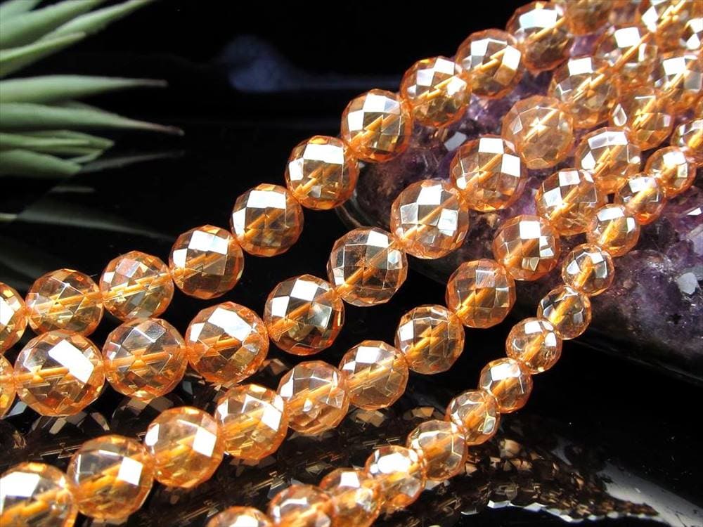 ゴールデンオーラ 蒸着水晶 ビーズ シャンパンオーラ 64面カット ビーズ連 連材