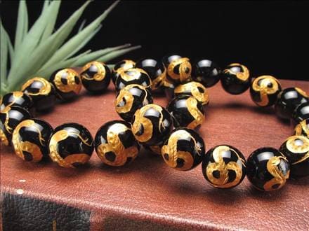 白蛇 巳 金塗り ブラックオニキス 白蛇彫り ブレスレット