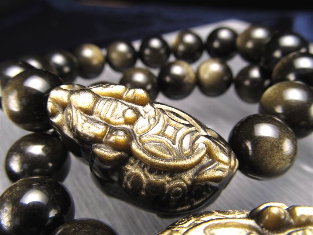 ◇財運を高める瑞獣◇ロングイ彫刻の黒曜石◇ゴールデンシャイン