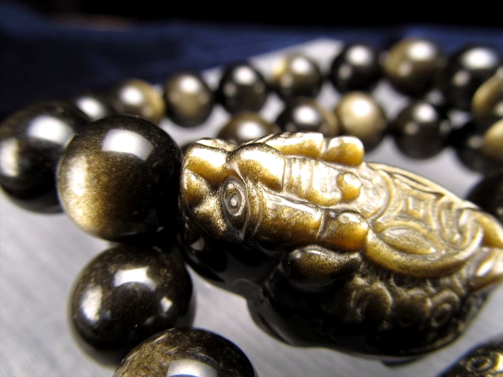 ◇財運を高める瑞獣◇ロングイ彫刻の黒曜石◇ゴールデンシャイン