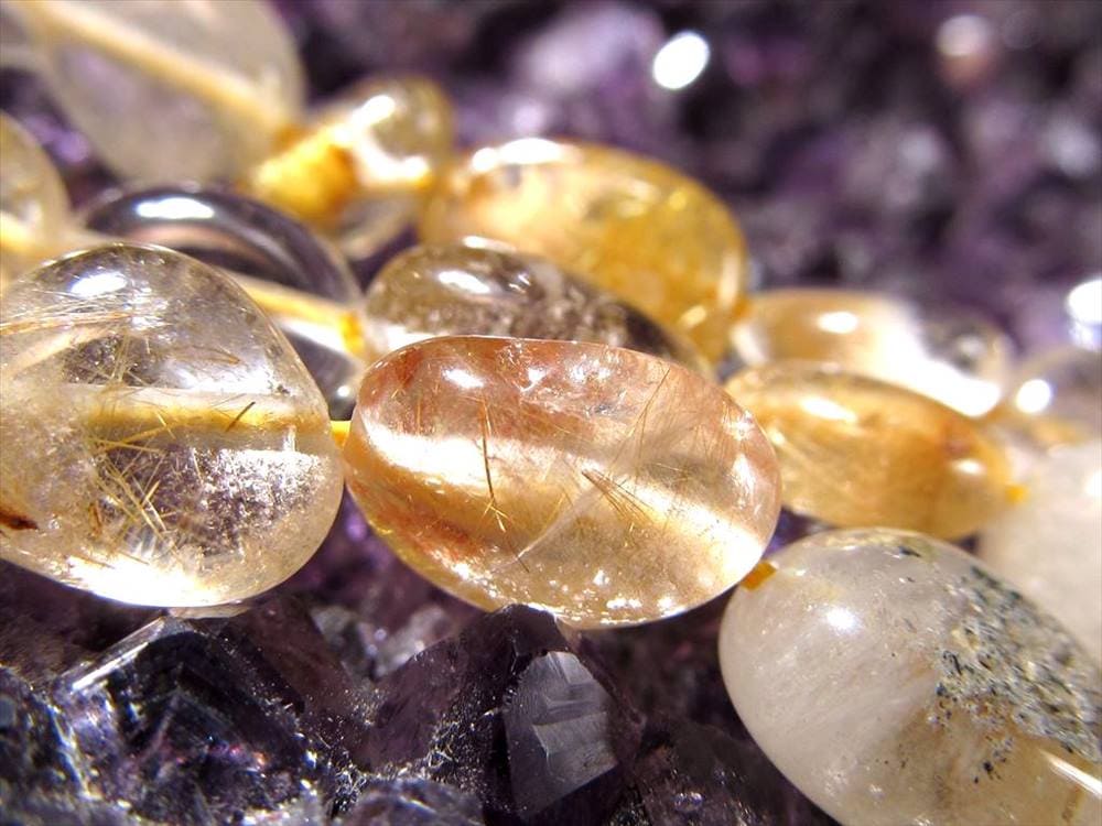 ゴールドルチルクォーツ 針入り水晶 ルチレイテッドクォーツ タンブル ビーズ連 連材
