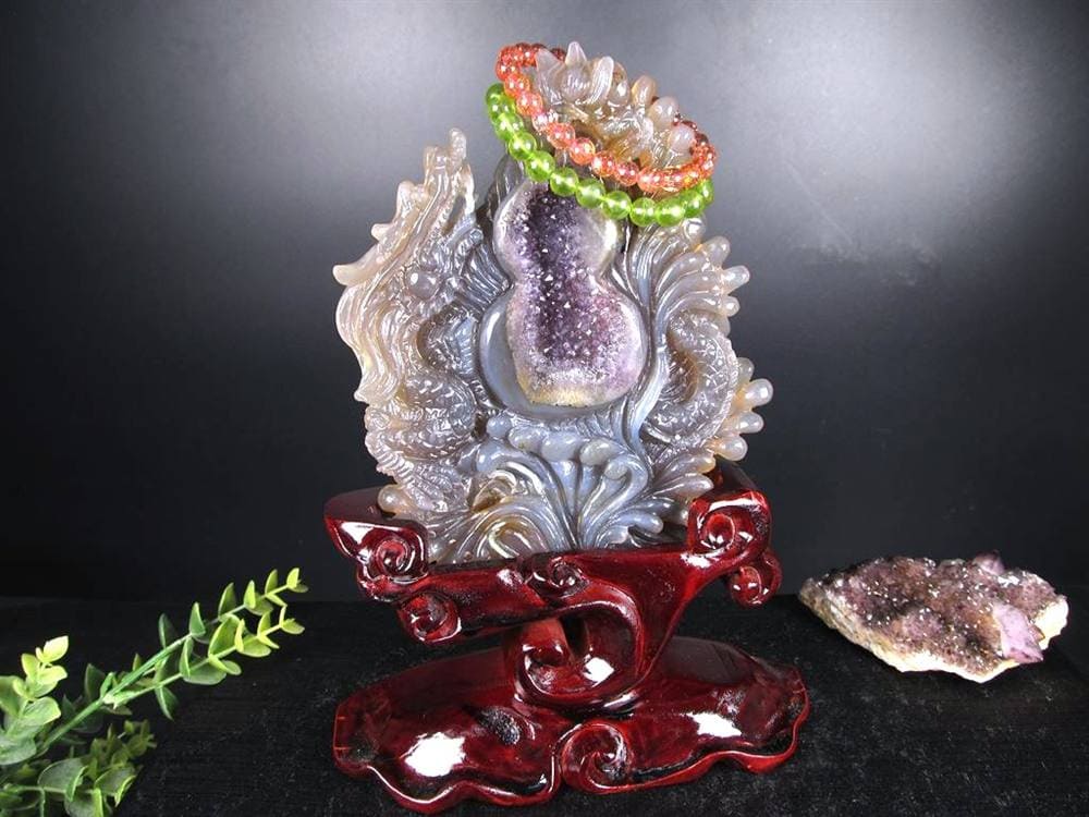 龍 瓢箪 笑口アメジスト 瑪瑙 龍穴アゲート 彫刻 置物