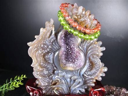 龍 瓢箪 笑口アメジスト 瑪瑙 龍穴アゲート 彫刻 置物