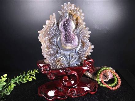 龍 瓢箪 笑口アメジスト 瑪瑙 龍穴アゲート 彫刻 置物