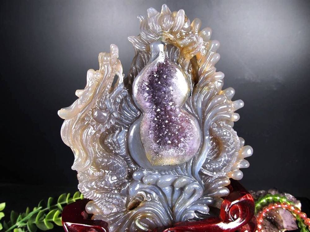 龍 瓢箪 笑口アメジスト 瑪瑙 龍穴アゲート 彫刻 置物
