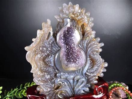 龍 瓢箪 笑口アメジスト 瑪瑙 龍穴アゲート 彫刻 置物