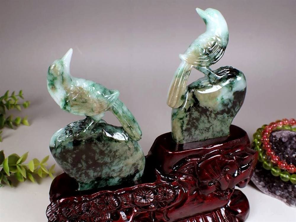 縁起物 夫婦鳥 翡翠 ジェダイト 硬玉 彫刻 置物