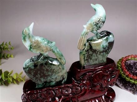 縁起物 夫婦鳥 翡翠 ジェダイト 硬玉 彫刻 置物