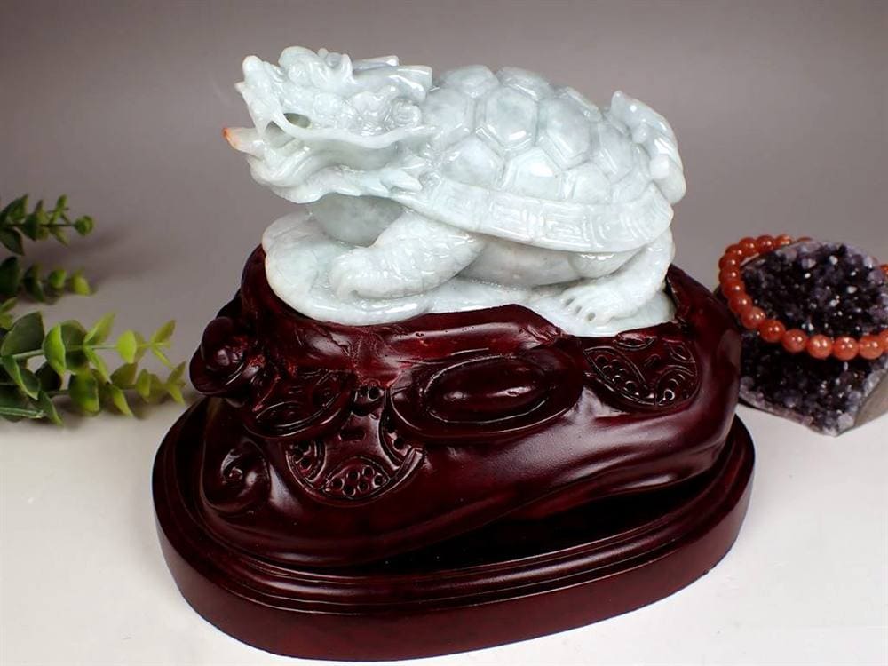 翡翠 ジェダイト 硬玉 龍亀 ロングイ 彫刻 置物